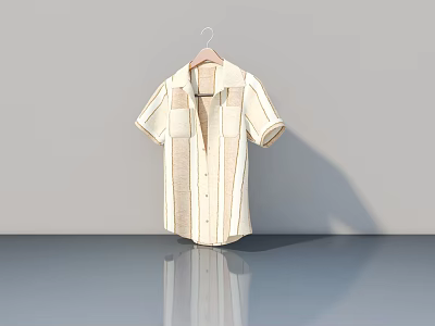 Short Sleeved Striped Shirt Hanging On Wooden Hanger With Grey Wall Background And Floor Reflection 3d model