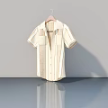 Short Sleeved Striped Shirt Hanging On Wooden Hanger With Grey Wall Background And Floor Reflection