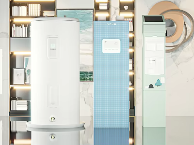 Modern Public Facilities Equipment With White Water Heater Blue Refrigerator And Green Dispenser 3d model