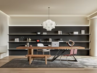 Modern Study Desk and Chair Combination Chandelier Bookshelf Bench 3d model