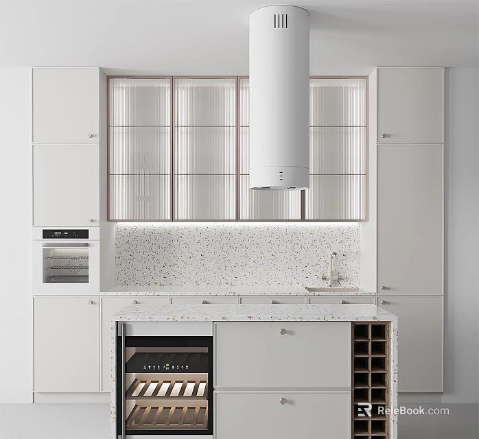 Modern White Kitchen Interior With Glass Fronted Cabinets Range Hood And Wine Storage 3d model 