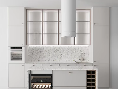 Modern White Kitchen Interior With Glass Fronted Cabinets Range Hood And Wine Storage 3d model