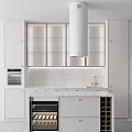 Modern White Kitchen Interior With Glass Fronted Cabinets Range Hood And Wine Storage