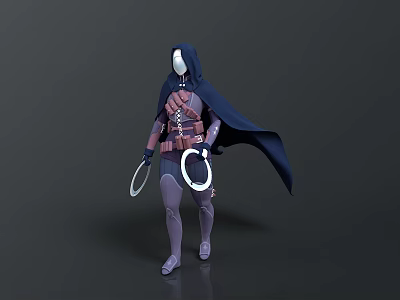 Hooded Man In Dark Cloak Walking With Circular Weapons And Leather Armor 3d model