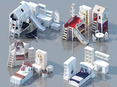 Kids Bed with Slide Desk Storage Cabinet and Decorative Elements in Various Designs 3d model
