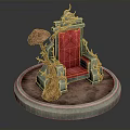 Red Cushioned Chair With Tree Root Decorations And Mushroom Accents On Circular Stone Platform Base