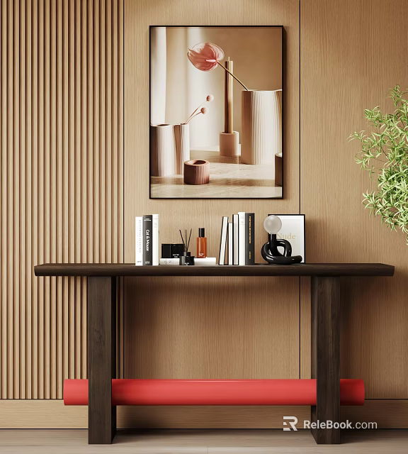 Modern Interior Featuring Stylish Console Table With Books Decorative Items And Mirror Above Textured Wall 3d model