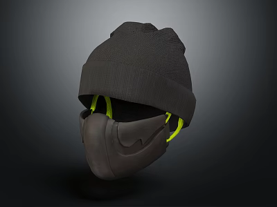 Black Knitted Beanie With Black Face Mask And Yellow Straps Casual Winter Accessory 3d model