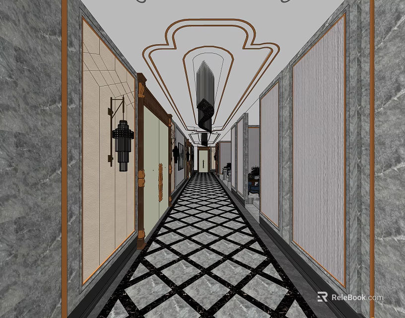 Elevator Hallway Interior With Marble Walls Geometric Pattern Floor And Chandelier 3d model