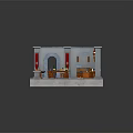 Cartoon Medieval Workshop Interior With Hanging Banners Wooden Workbench Barrels And Chests