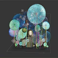 Cartoon Scene Featuring Blue Teal Circular Floral Shapes White Dots Yellow Accents And Green Stems