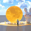 Giant White Rabbit Inflatable Standing On Yellow Moon With Blue Sky Clouds And Person Below