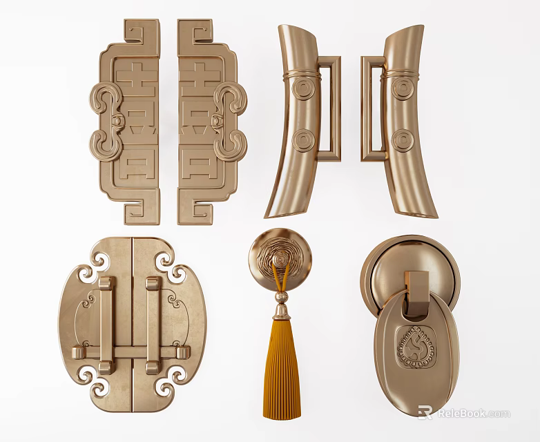 Traditional And Modern Brass Door And Furniture Handles With Carved Patterns Set 3d model 