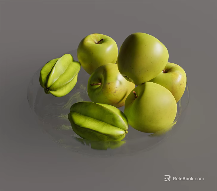 Ceramic Serving Plate Adorned With Fresh Green Apples And Ripe Star Fruits 3d model 