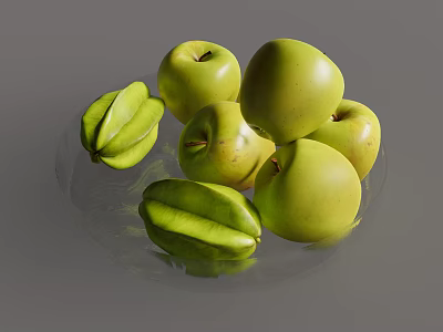 Ceramic Serving Plate Adorned With Fresh Green Apples And Ripe Star Fruits 3d model