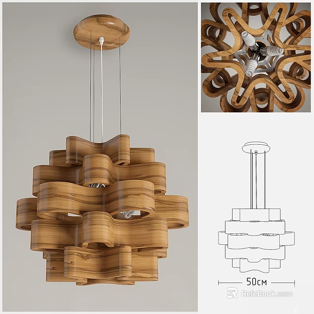 Unique Modern Wooden Chandelier With Twisted Curved Layered Structure And Artistic Design 3d model 