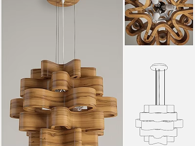 Unique Modern Wooden Chandelier With Twisted Curved Layered Structure And Artistic Design 3d model
