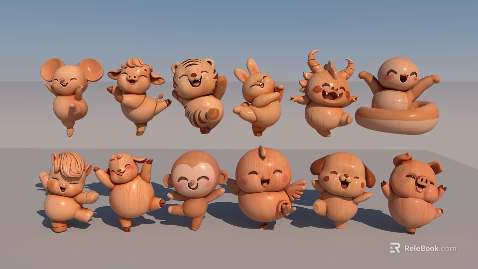 Cute Wooden Cartoon Animal Dolls With Various Poses And Expressions 3d model 