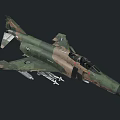 Military Fighter Jet with Camouflage Paint Weaponry and Cockpit Flying in Dark Background