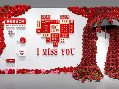 Romantic Decorative Scene With Red Roses White Wall I MISS YOU Text And Red Signs 3d model