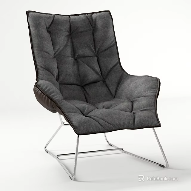 Modern Gray Accent Chair With Diamond Tufted Design Plush Cushion Brown Armrests And Metal Frame 3d model 