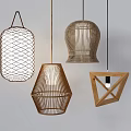 Modern Rattan and Wooden Pendant Lights with Geometric Cage and Conical Designs