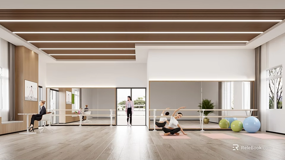 Bright Fitness Studio Interior With Yoga Practice Mirror Walls Exercise Balls And Wooden Flooring 3d model 