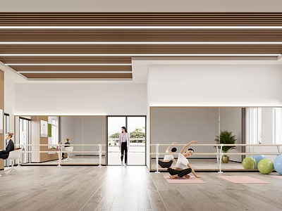 Bright Fitness Studio Interior With Yoga Practice Mirror Walls Exercise Balls And Wooden Flooring 3d model