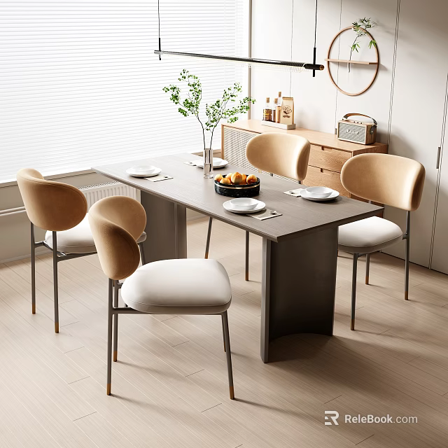 Modern Dining Table Set With Beige Upholstered Chairs And Gray Tabletop In Natural Light Interior 3d model 