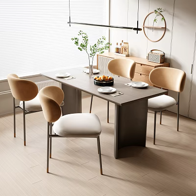 Modern Dining Table Set With Beige Upholstered Chairs And Gray Tabletop In Natural Light Interior 3d model