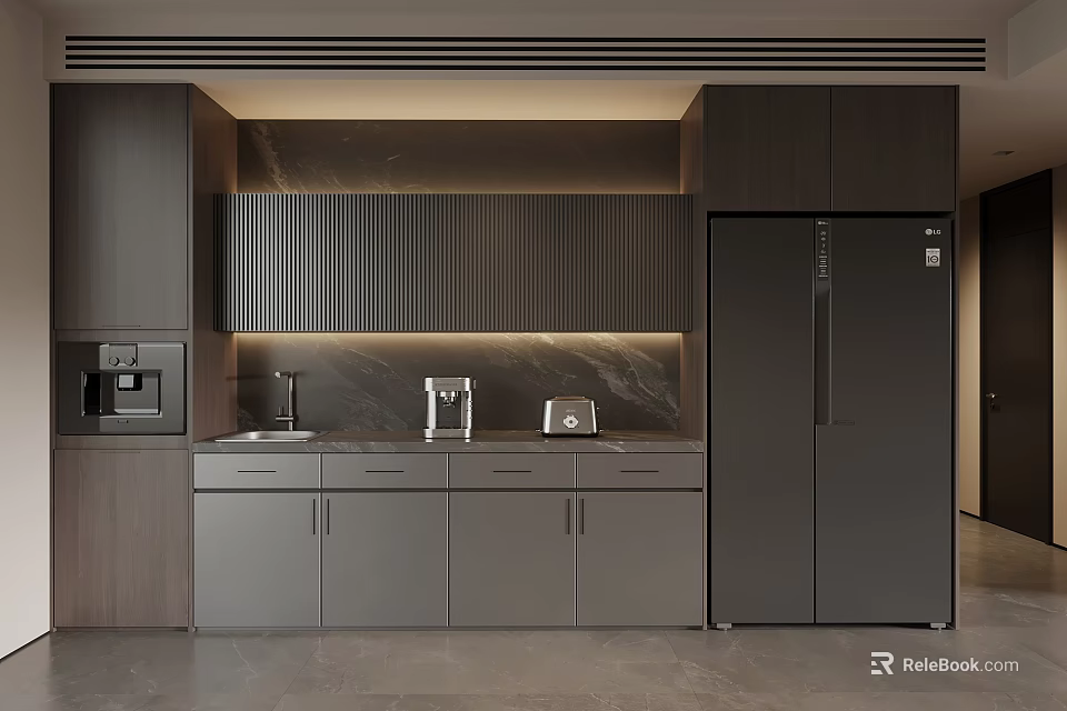 Modern Kitchen Sideboard Cabinet With Dark Gray Matte Cabinets Countertop And Coffee Machine Appliances 3d model 