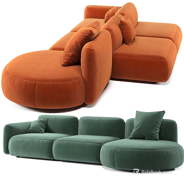 Modern Sectional Sofa Design In Orange And Green Velvet With Comfortable Cushions 3d model 