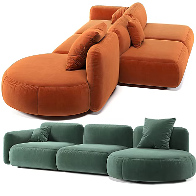 Modern Sectional Sofa Design In Orange And Green Velvet With Comfortable Cushions 3d model