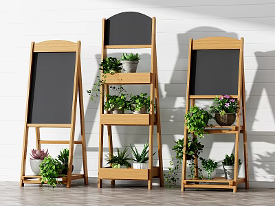 Wooden Easel Style Hanging Shelves With Black Drawing Boards And Green Potted Plants 3d model