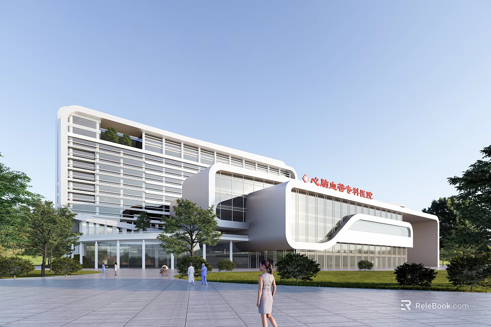 Modern Exterior of Dacheng County Traditional Chinese Medicine Hospital With Greenery And People 3d model 
