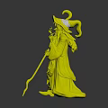 Elderly Man in Green Robe with Long Beard Holding Wooden Staff Against Dark Background