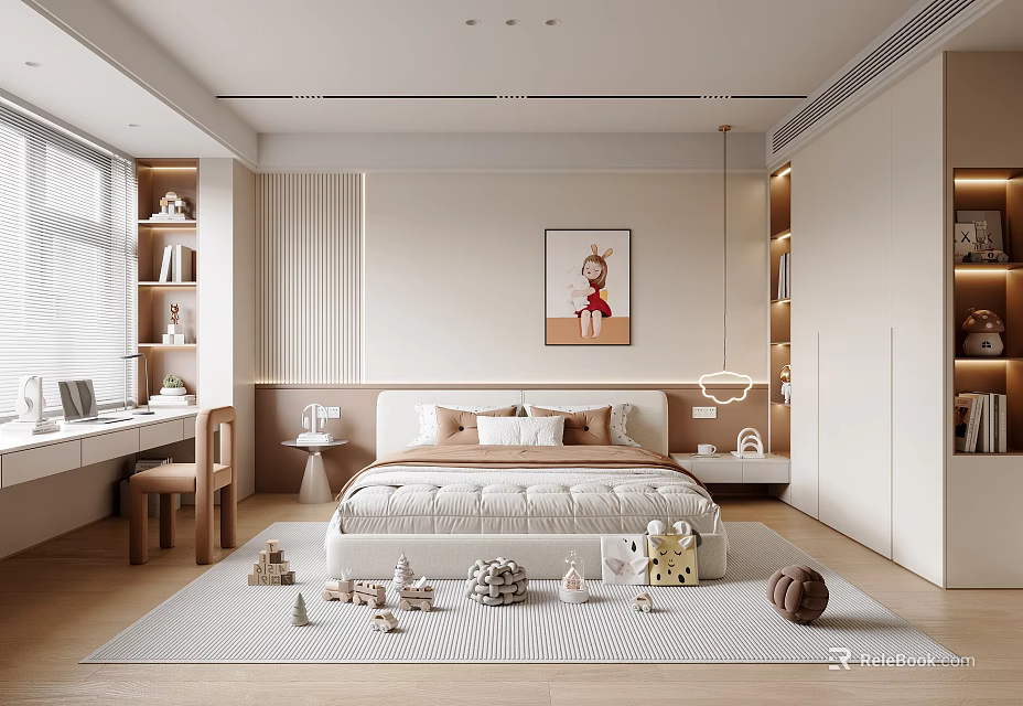 Modern Kids Room Interior Design With Bed Pillows Toys On Carpet Desk And Bookshelves 3d model 