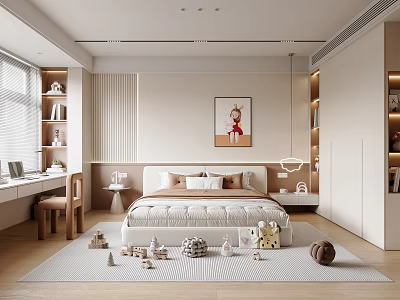 Modern Kids Room Interior Design With Bed Pillows Toys On Carpet Desk And Bookshelves 3d model
