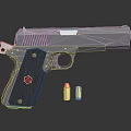 Modern Gray Pistol Design With Red Emblem And Two Bullets On Black Surface 3d model