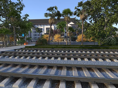 Rail Tracks As Road Infrastructure With Gravel Palm Trees Building And Greenery 3d model