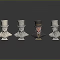 Four Male Busts With Top Hats One Different Colored On Black Surface With Reflections