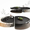 Elegant Modern Coffee Table With Marble Base Rotating Tray And Green Plants Decor