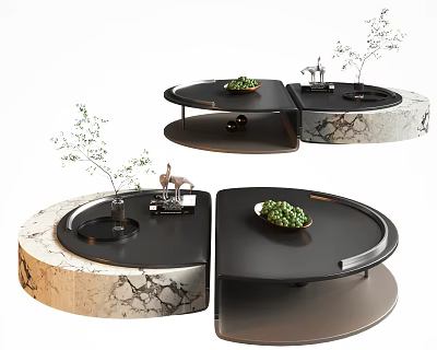Elegant Modern Coffee Table With Marble Base Rotating Tray And Green Plants Decor 3d model
