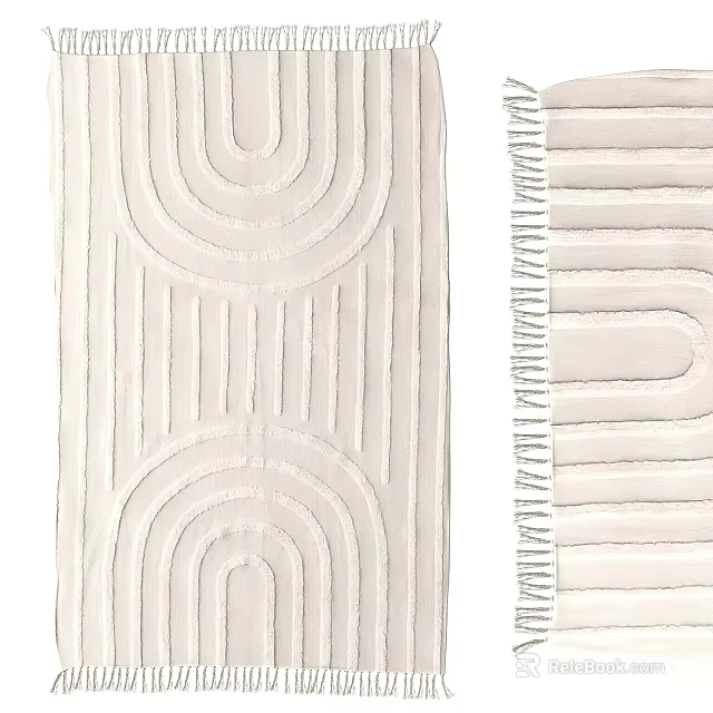 Square White Rug Featuring Geometric Circular Patterns And Fringe Striped Edges 3d model