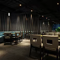 Modern Restaurant Interior With Wooden Tables Soft Lighting And Green Plants