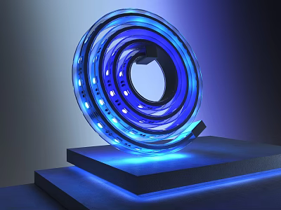 Modern Illuminated Blue Circular Installation On Black Pedestal With Glowing Lights 3d model