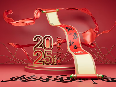 2025 Chinese New Year Red Scroll Decoration With Good Fortune Wishes And Red Ribbons 3d model