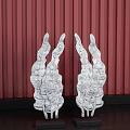 Silver Leaf Shaped Ornament Decorative Figurine Set with Red Striped Background and Black Base