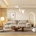 Modern Living Room Interior With Beige Sofa Wooden Coffee Table Pendant Lights And Decorative Painting