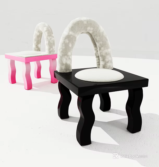 Pink And Black Kids Chair With Curved Backrest Rounded Legs And White Cushion 3d model 
